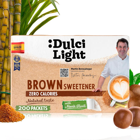 DulciLight Brown Monk Fruit 500 packets. Zero Calorie Sweetener. Monk Fruit Sweetener No Erythritol, Allulose and Stevia. Monkfruit Keto Sugar Substitute granulated powdered without aftertaste. Monk fruit coffee sweetener.