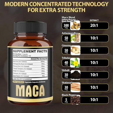7In1 Premium Maca Root Capsules - With Ashwagandha, Ginseng, Tribulus, Shilajit, Shatavari & Black Pepper - Natural Energy, Performance & Mood Support - 150 Counts For 5 Months