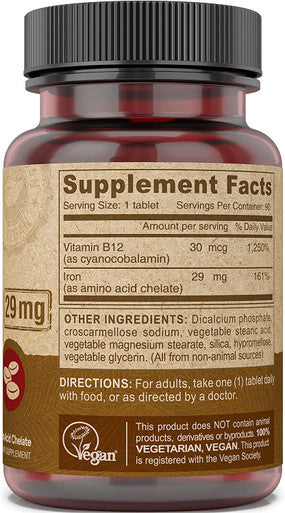 Deva Nutrition Vegan Chelated Iron 29 mg Fortified with B-12 - High Potency, Easy to Swallow, 90 Tablets, 1-Pack