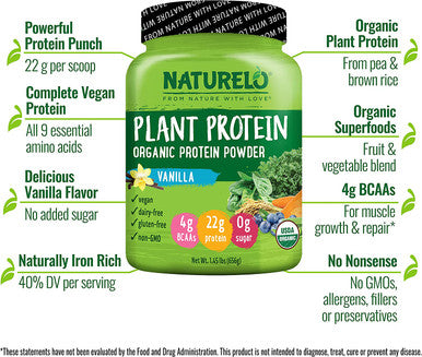 NATURELO Plant Protein Powder, Vanilla, 22g Protein - Non-GMO, Vegan, No Gluten, Dairy, or Soy - No Artificial Flavors, Synthetic Coloring, Preservatives, or Additives - 20 Servings