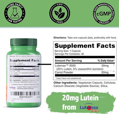 Yuve Lutein Zeaxanthin Supplement, Lutein 20Mg, Vitamin Eye Health, For Dry Eyes, Fatigue, Lutemax2020, Eye Supplements - 30 Vegan Caps