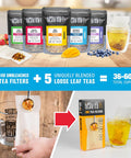 Tiesta Tea - Loose Leaf Starter Kit | Premium Starter Kit Sampler | High to Non Caffeinated | Make Hot & Iced Tea | Starter Kit with Black Green Herbal Tea Sample Bags and 100 Disposable Tea Filters
