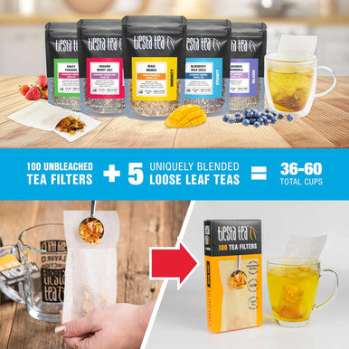 Tiesta Tea - Loose Leaf Starter Kit | Premium Starter Kit Sampler | High to Non Caffeinated | Make Hot & Iced Tea | Starter Kit with Black Green Herbal Tea Sample Bags and 100 Disposable Tea Filters