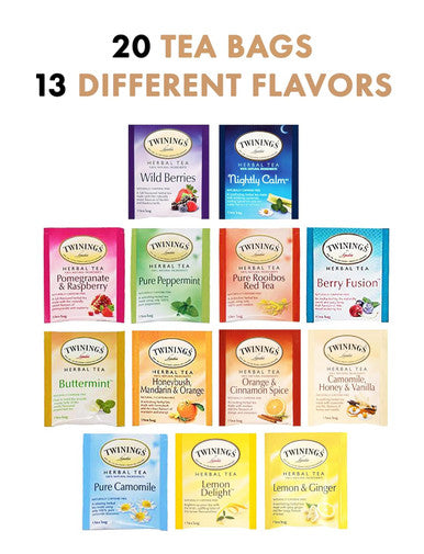 Blue Ribbon Twinings Herbal Tea Bags Sampler Assortment Variety Pack Box - 20 Count 13 Flavors - Perfect Variety - s for Mom Dad Family Coworkers Friends Women Men HERBAL TEA Lovers