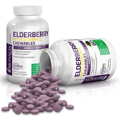 BRONSON Elderberry Chewables with Vitamin C - Berry - 60 Vegetarian Tablets- Adults and Kids Immune Support