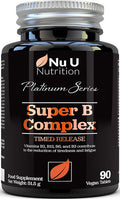 Vitamin B Complex - 8 High Strength B Vitamins & Vitamin C - Vitamins B1, B2, B3, B5, B6, B8, B9 & B12, 90 Timed Release Tablets, 3 Month Supply, Vegan & Vegetarian VIT B Complex