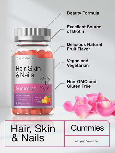 Hair Skin and Nails Gummies 100 Count with Biotin Fruit Flavored Vitamins Non GMO Gluten Free by Horbaach