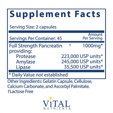 Vital Nutrients Pancreatic Enzymes 1000mg Full Strength Digestion Supplement with Protease Amylase Lipase Digestive Enzymes Gluten Soy Dairy 90 Capsules