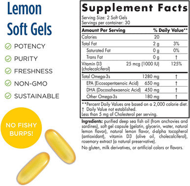 Nordic Naturals Ultimate Omega-D3, Lemon Flavor - 1280 mg Omega-3 + 1000 IU Vitamin D3 - 60 Soft Gels
