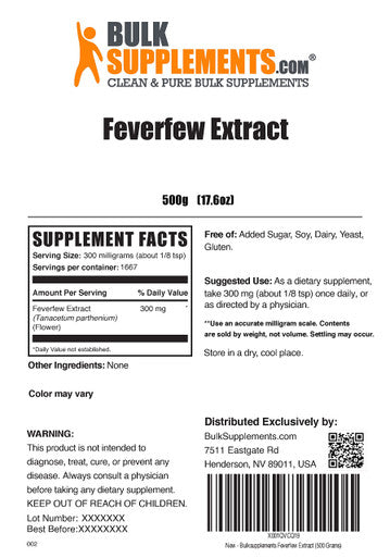 BulkSupplements Feverfew Extract - Feverfew Flower Extract - Feverfew Herb Supplement - Fever Few Extract Powder - Brain Herbs Supplement (500 Grams - 1.1 lbs)