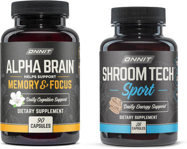 Onnit Premium Alpha Brain Bundle - Nootropic Brain Supplement (90 Count) for Focus Concentration & Memory + Shroom Tech Sport for Exercise Energy & Cardiovascular Performance (28 Count)