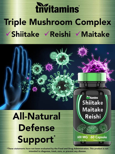 Reishi, Maitake, & Shiitake Mushroom Complex Supplement (60 Capsules x 600 MG) | Natural Beta Glucan Supplement | Powerful Mushroom Powder Extract | Non-GMO | Gluten, Nut, & Dairy-Free | by TNVitamins