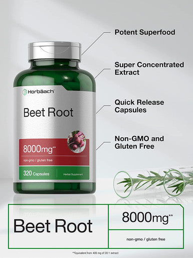 Beet Root Powder Capsules 8000mg | 320 Count | Non-GMO and Gluten Free Formula | High Potency Herbal Extract Supplement | by Horbaach