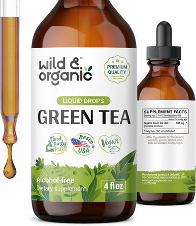 Wild & Organic Green Tea Extract Liquid Drops - Antioxidant-Rich Green Tea Supplement - Two Month Supply - Vegan Alcohol Free Camellia Sinensis Tincture - 4 Fl Oz