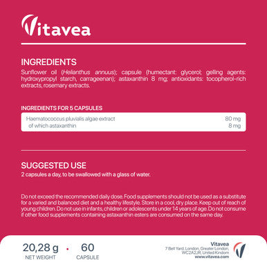 Astaxanthin 80 mg Haematococcus Pluvialis Extract with 8 mg Astaxanthin Natural Antioxidant 60 Capsules Vegan Vitavea