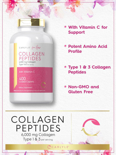 Carlyle Collagen Peptides 6000mg | 400 Caplets | with Vitamin C | Type 1 and 3 | Non-GMO Gluten Grass Fed Supplement