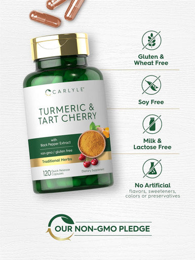 Carlyle Turmeric and Tart Cherry Capsules | 120 Count | with Bioperine | Vegetarian Non-GMO Gluten Supplement