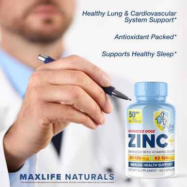 Maxlife Naturals Zinc Picolinate 50mg with Vitamin K2 MK-7 + Vitamin D3 5000 IU Zinc 50mg with 120mcg Vitamin K2 as MK7 Non-GMO Zinc Supplements Easy to Swallow Alternative to Lozenge Chewable Tablets Liquid Zinc