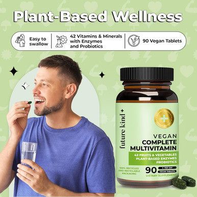 Future Kind Vegan Multivitamins Complete (90Tabs In Recycled Bottle) 42 In 1 Vegan Multivitamins For Women and Men Multivitamin W Enzymes and Probiotics For Digestion Vegan Vitamins W B12 and Zinc