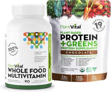 Plantvital Bundle -Vegan Protein Powder Chocolate - 24G/0G With 18 Superfoods And Whole Foods Multivitamins With 56 Superfoods For Your Daily Nutrients Needs.
