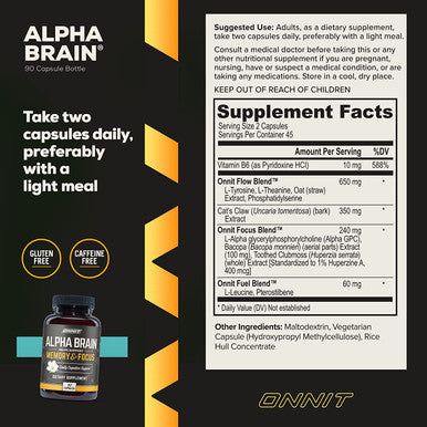 Onnit Alpha Brain Premium Nootropic Brain Supplement 90 Count for Men Women Caffeine Focus Capsules for Concentration Brain Memory Support Brain Booster Cats Claw Bacopa Oat Straw