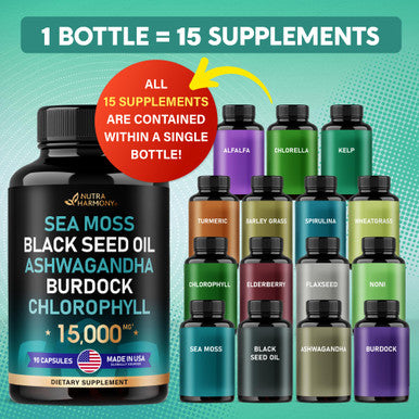 NUTRAHARMONY Irish Sea Moss | Black Seed Oil | Ashwagandha | Burdock | Chlorophyll | Supergreens - Made In Usa Pills - Natural Multi Supplements Blend - Immunity, Detox, Energy Support - 15000Mg, 90 Vegan Capsules