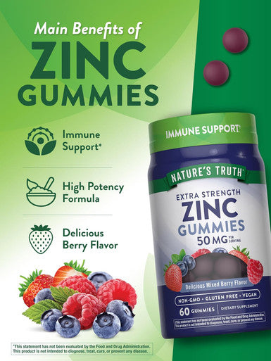 Nature'S Truth Zinc Gummies For Adults 50 Mg 60 Count Vegan, Non-Gmo & Gluten Extra Strength Supplement Mixed Berry Flavor