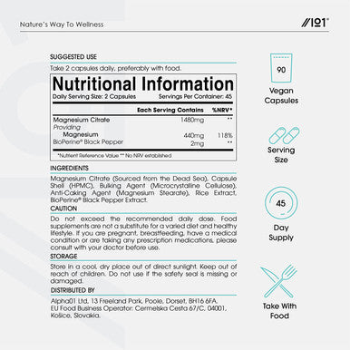 Magnesium Citrate 1480mg with BioPerineA - Sourced from The Dead Sea - Providing 440mg Elemental Magnesium - Supports The Nervous System - Reduces Tiredness and Fatigue - 90 Vegan Capsules