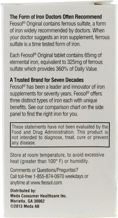 Feosol Original Iron Supplement Tablets Nonheme 325mg Ferrous Sulfate (65mg Elemental Iron) per Iron Pill 1 Per Day 120ct 4 Month Supply for Energy and Immune System Support Made in USA