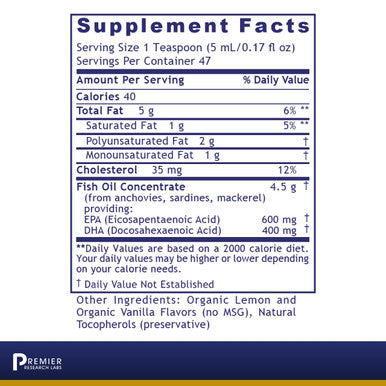 Premier Research Labs Epa/Dha Marine Liquid - Fish Oil Concentrate - Cold Filtration Process - Suitable For S & Children
