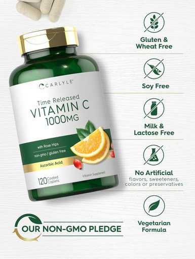 Carlyle Vitamin C 1000mg | Timed Release | 120 Vegetarian Caplets | with Rose HIPS | Non-GMO & Gluten Supplement