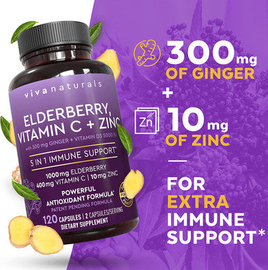 Viva Naturals Sambucus Elderberry with Vitamin C, Zinc, Vitamin D3 5000 IU & Ginger (120 Capsules) - Antioxidant & Immune Support Supplement, 2 Month Supply - 5 in 1 Black Elderberry for Adults