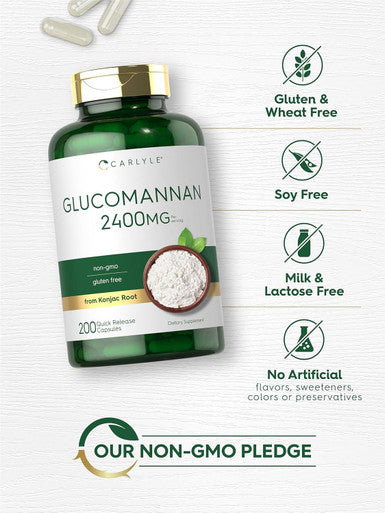 Carlyle Glucomannan Capsules | 200 Count | Soluble Fiber Pills | Non-GMO Gluten Supplement