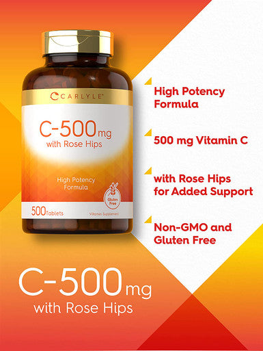 Carlyle Vitamin C With Rose Hips 500Mg | 500 Tablets | High Potency Formula | Vegetarian, Non-Gmo And Gluten Free Supplement