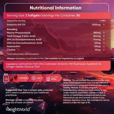 Weightworld Antarctic Krill Oil Capsules High Strength - 3 Months Supply - 180 Red Krill Oil Softgels - Omega 3 Fatty Acids Supplements - EPA DHA Astaxanthin & Choline - Omega 3 Fish Oil Alternatives