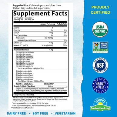 Garden of Life Dr. Formulated Probiotics For Kids Organic Kids+ - Berry Cherry 5 Billion Cfu Chewable Probiotic Plus Vitamin C And D Dairy Free Immune Digestive Health Supplement 30 Chewables