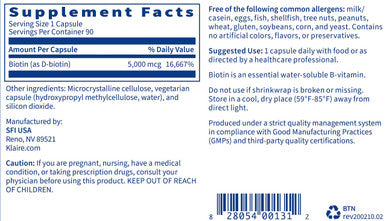Klaire Labs Biotin 5000mcg - High Potency Biotin Supplement - Vitamin Involved in Skin & Hair Nutrition - Corn-, Small, Easy-to-Swallow Hypoallergenic Biotin Pills (90 Caps)