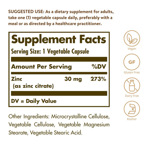 Solgar Zinc Citrate Vegetable Capsules 100 Count Non-Gmo Gluten Free And Kosher Supports Immune System Health Healthy Skin And Eyes Normal Taste And Vision