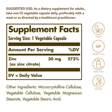 Solgar Zinc Citrate Vegetable Capsules 100 Count Non-Gmo Gluten Free And Kosher Supports Immune System Health Healthy Skin And Eyes Normal Taste And Vision