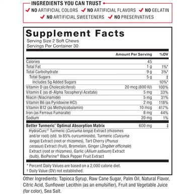 Force Factor Better Turmeric Joint Support Supplement for Extra Strength Joint Health Featuring HydroCurc Turmeric Curcumin with Black Pepper for Superior Absorption Fruit Splash 60 Soft Chews