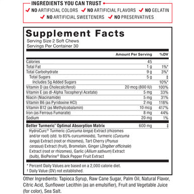 Force Factor Better Turmeric Inflammation Supplement for Extra Strength Joint Support, Featuring HydroCurc Turmeric Curcumin with Black , Garlic Extract Supplement, 60 Soft Chews