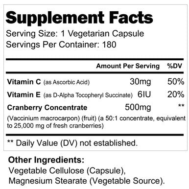 LongLifeNutri Cranberry 500Mg 180 Vegetarian Capsules | Uti | Pure Fruit Concentrate Extract 25,000 Mg | Plus Vitamin C & E | Herbal Supplement | Potent Natural Fresh Pill Complex
