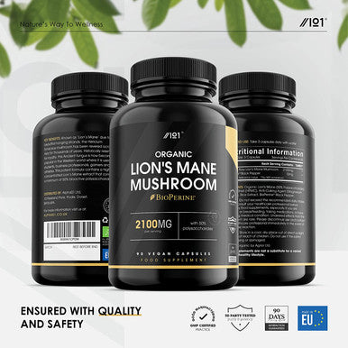 Organic Lion's Mane Mushroom 2100mg | 50% Polysaccharides | Made with BioPerineAÃƒâ€šÃ‚Â® | High Strength Hericium Erinaceus Extract | Non-GMO, Gluten , Halal, 90 Vegan Capsules