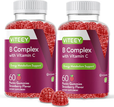 Vitamin B Complex Gummies For Adults With Vitamin C, B6, B12, Niacinamide, Folic Acid, Biotin, Calcium - Supports Energy & Metabolism - Vegan, Gluten Free, Gelatin - Chewable Strawberry Flavored