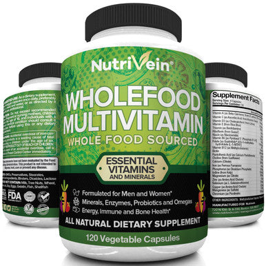 Nutrivein Food Multivitamin - Complete Daily Vitamins for Men and Women from Foods, Real Raw Veggies, s, Vitamin E, A, B Complex - 30 Day Supply (120 Capsules, Four Daily)
