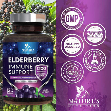 Nature'S Nutrition Elderberry Immune Support 10:1 Extract Capsule - Daily Immune Support Supplement for Adults Natural Sambucus Black Elderberry Antioxidant Vegan Vitamin Sugar & Gluten Non-GMO - 120 Capsules