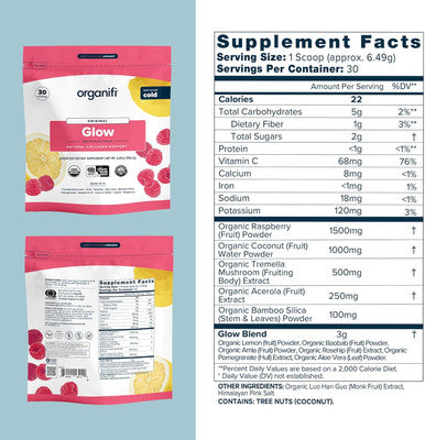 Organifi Glow - Vegan Collagen Powder For Women - Organic Flavored Water Ingredient, 30 Servings