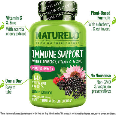 NATURELO Immune Support Ãƒâ€šÃ¢â‚¬â€œ Vitamin C, Elderberry, Zinc, Echinacea Ãƒâ€šÃ¢â‚¬â€œ Natural Immunity Boost w/ Antioxidant, Herbal & Mineral Defense - 60 Vegan Capsules