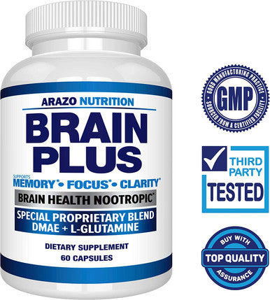 Premium Brain Function Supplement Memory Focus Clarity Nootropic Booster with DMAE Bacopa Monnieri LGlutamine Multi Vitamins Multi Minerals Arazo Nutrition