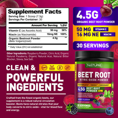 Built Nature Beet Root Nitric Oxide Powder Supplement - Organic Beetroot Super Food Performance Booster For Circulation, Energy, Stamina, Blood Flow And Heart Health - Vegan, Non-Gmo - Berry Flavor - 30 Servings